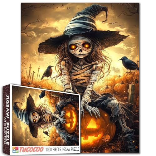 Mumien-Hexen-Skelett, sitzend auf leuchtendem Kürbis, 1000-teiliges Puzzle für Erwachsene, Studenten, 50,8 x 68,6 cm, Halloween-Friedhof, gruseliger Herbst mit Krähen und Kreuzen, gruseliges Mumien-Hexen-Skelett, sitzend auf leuchtendem Kürbis, 1000-teiliges Puzzle für Erwachsene, Studenten, 50,8 x 68,6 cm, Halloween-Friedhof, gruseliger Herbst mit Krähen und Kreuzen, gruseliges von Tucocoo