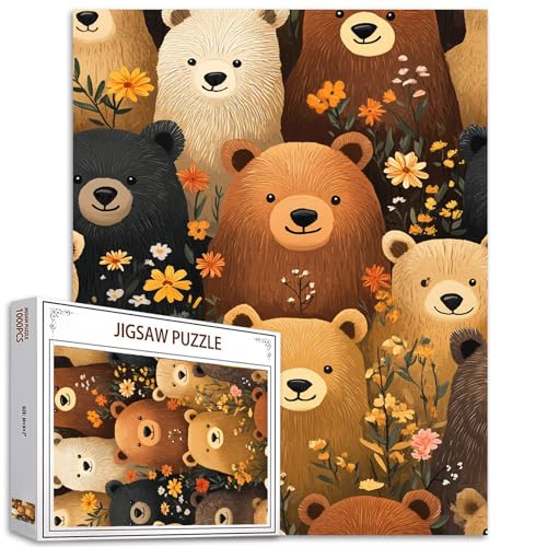 Niedliche Bären-Puzzles für Erwachsene, 1000 Teile, Bohemian-Blumen-Tier-Puzzle, Kollektion Tier und Pflanze, Retro-Stil, herausforderndes Puzzle, perfekt für Spieleabend von Tucocoo