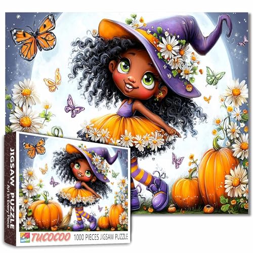 Niedliche Hexe Puzzle für Erwachsene, Kürbisse, Schmetterlinge und Blumen, 1000 Teile, lebendiges Halloween-Puzzle, skurrile Herbst-Puzzle, anspruchsvolles ästhetisches Fantasie-Puzzle, Heimdekoration von Tucocoo