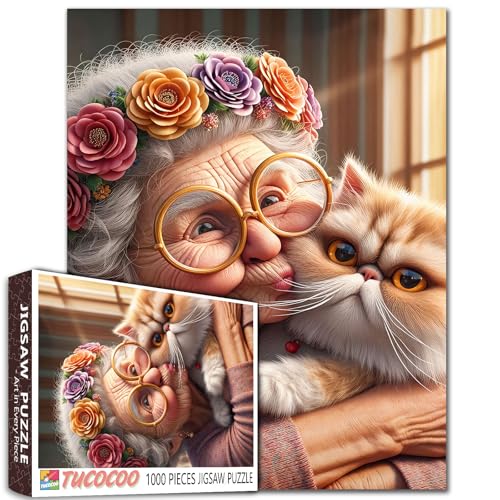 Niedliche alte Frau und Kätzchen Jigsaw Puzzles 1000 Stücke für Erwachsene Oma mit Brille und Haustiere Puzzles Herausfordernd für Familie oder Freunde Spiel Perfekt für Familienspielnächte von Tucocoo