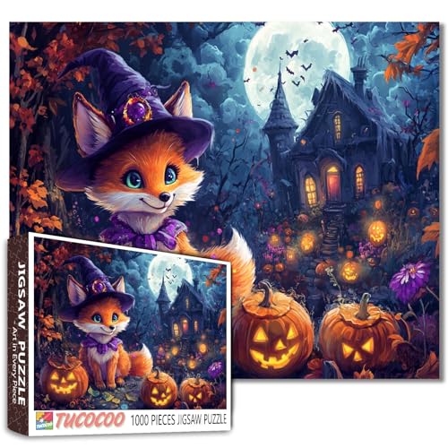 Niedlicher Fuchs im Hexenhut, Puzzle, 1000 Teile für Erwachsene, Halloween-Kürbisse, Spukhaus, Vollmond, gruselige Herbst-Nacht-Puzzle, Wanddekoration, 68 x 50 cm, lustiges Herbst-Puzzle, Geschenk für Niedlicher Fuchs im Hexenhut, Puzzle, 1000 Teile für Erwachsene, Halloween-Kürbisse, Spukhaus, Vollmond, gruselige Herbst-Nacht-Puzzle, Wanddekoration, 68 x 50 cm, lustiges Herbst-Puzzle, Geschenk für von Tucocoo