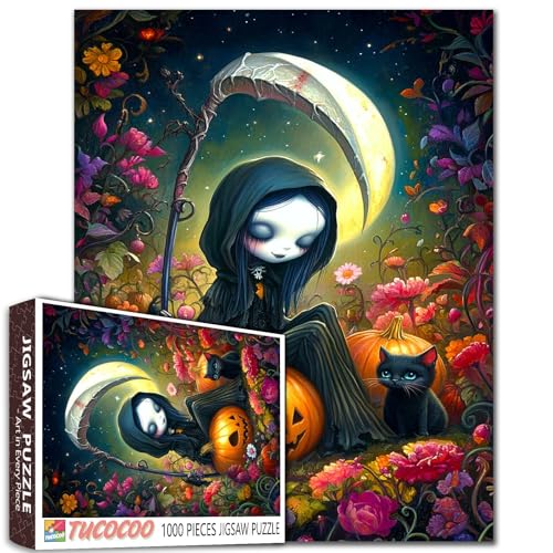 Niedlicher Sensenmann mit schwarzer Katze, 1000-teiliges Puzzle für Erwachsene, Studenten, 50,8 x 68,6 cm, Halloween-Fantasie-Puzzle, Kürbisse, Blumen und Nachthimmel, Mondlicht, Garten, gruselig Niedlicher Sensenmann mit schwarzer Katze, 1000-teiliges Puzzle für Erwachsene, Studenten, 50,8 x 68,6 cm, Halloween-Fantasie-Puzzle, Kürbisse, Blumen und Nachthimmel, Mondlicht, Garten, gruselig von Tucocoo