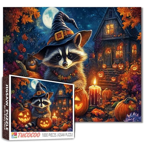 Niedliches Halloween-Waschbär-Puzzle für Erwachsene, 1000 Teile, Hexenhut mit Kürbissen, Spukhaus, Herbstblätter, Puzzle, Halloween-Dekoration, 68,6 x 50,8 cm, lustiges herausforderndes Herbstpuzzles Niedliches Halloween-Waschbär-Puzzle für Erwachsene, 1000 Teile, Hexenhut mit Kürbissen, Spukhaus, Herbstblätter, Puzzle, Halloween-Dekoration, 68,6 x 50,8 cm, lustiges herausforderndes Herbstpuzzles von Tucocoo