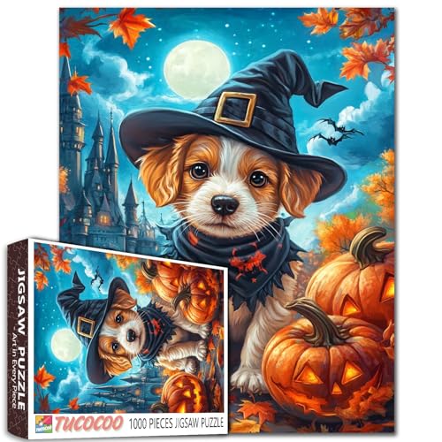 Niedliches Halloween-Welpen-Puzzle, 1000 Teile, für Erwachsene, Studenten, Herbstschloss, Nacht, Kürbisse, Hexenhut, Mondlicht, Fantasie, Kunst, Malerei, Puzzle, Größe 50,8 x 68,6 cm, einzigartiges Niedliches Halloween-Welpen-Puzzle, 1000 Teile, für Erwachsene, Studenten, Herbstschloss, Nacht, Kürbisse, Hexenhut, Mondlicht, Fantasie, Kunst, Malerei, Puzzle, Größe 50,8 x 68,6 cm, einzigartiges von Tucocoo
