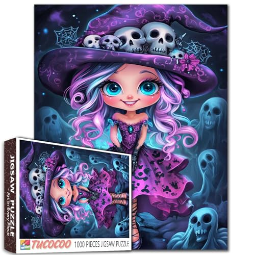 Niedliches Hexen-Puzzle für Erwachsene, Studenten, 1000 Teile, Fantasie-, Gothic-Mädchen mit blauen Augen, Totenkopf-Hut, violettes Kleid, Halloween-Thema, 50,8 x 68,9 cm, Puzzle, lebendige Farben Niedliches Hexen-Puzzle für Erwachsene, Studenten, 1000 Teile, Fantasie-, Gothic-Mädchen mit blauen Augen, Totenkopf-Hut, violettes Kleid, Halloween-Thema, 50,8 x 68,9 cm, Puzzle, lebendige Farben von Tucocoo