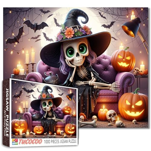 Niedliches Hexenskelett auf dem Sofa, 1000-teiliges Halloween-Puzzle für Erwachsene, Studenten, Kürbis-Dekoration, große Augen, Totenkopf, Fledermaus, Spinnennetz, Kerzenlicht, 50,8 x 68,9 cm Niedliches Hexenskelett auf dem Sofa, 1000-teiliges Halloween-Puzzle für Erwachsene, Studenten, Kürbis-Dekoration, große Augen, Totenkopf, Fledermaus, Spinnennetz, Kerzenlicht, 50,8 x 68,9 cm von Tucocoo