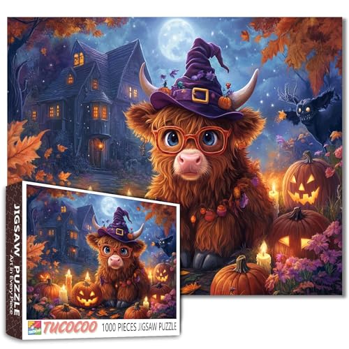 Niedliches Highland Cow Halloween Puzzle 1000 Teile für Erwachsene Tier Hexenhut mit Kürbissen Puzzles Spukhaus Herbst Blätter Gruseliges Puzzle Halloween Dekor Spaß herausforderndes Geschenk für Niedliches Highland Cow Halloween Puzzle 1000 Teile für Erwachsene Tier Hexenhut mit Kürbissen Puzzles Spukhaus Herbst Blätter Gruseliges Puzzle Halloween Dekor Spaß herausforderndes Geschenk für von Tucocoo