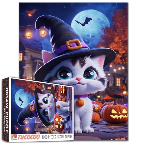 Niedliches Kätzchen-Hexenhut-Puzzle, Halloween-Puzzle, 1000 Teile, Fantasie-Nacht, Mond, Kürbisse, leuchtende Fledermaus-Puzzle, Dekoration, Cartoon-Katzen-Puzzle, für Erwachsene, Studenten, 50,8 x Niedliches Kätzchen-Hexenhut-Puzzle, Halloween-Puzzle, 1000 Teile, Fantasie-Nacht, Mond, Kürbisse, leuchtende Fledermaus-Puzzle, Dekoration, Cartoon-Katzen-Puzzle, für Erwachsene, Studenten, 50,8 x von Tucocoo