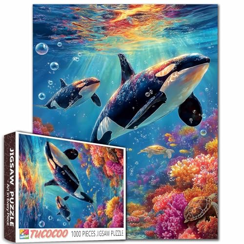 Orca Whales 1000 Teile Ozean Puzzle Meeresschildkröten & lebendige Korallenriff-Szene, herausforderndes Puzzle für Erwachsene Familie Spaß Pädagogisches Puzzle von Tucocoo