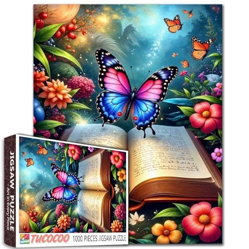 Puzzle 1000 Teile für Erwachsene, Schmetterling, Blumen, Buch, Hartfaserplatte, Puzzle, herausforderndes Puzzle, perfekt für Spielabende, DIY-Wanddekoration, Kunst-Puzzles, Fantasie-Landschaft, 68,6 von Tucocoo