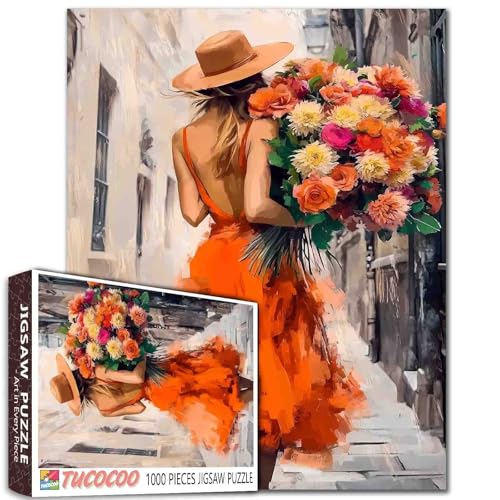 Puzzle 1000 Teile für Erwachsene, schöne Dame, Hartfaser-Puzzle, herausforderndes Puzzle, perfekt für Spielabende, DIY-Wanddekoration, Kunst-Puzzles, Frau mit orangefarbenem Blumenstrauß, Kunst, 68,6 Puzzle 1000 Teile für Erwachsene, schöne Dame, Hartfaser-Puzzle, herausforderndes Puzzle, perfekt für Spielabende, DIY-Wanddekoration, Kunst-Puzzles, Frau mit orangefarbenem Blumenstrauß, Kunst, 68,6 von Tucocoo
