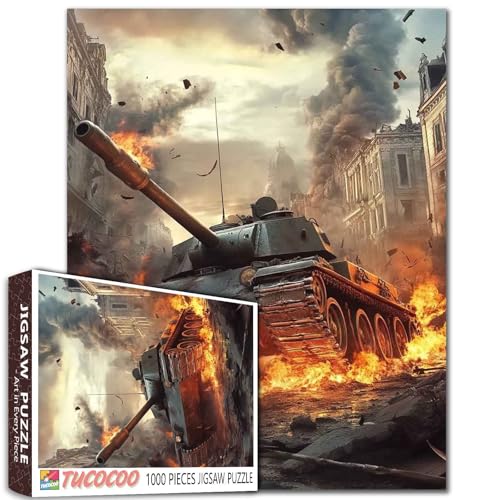 Puzzle "Fighting Tanks are On Firefire" für Erwachsene, 1000 Teile, Kriegsruinen, Stadtpuzzle, Kunst, 50,8 x 68,9 cm, bunte DIY-Puzzles für Heimdekoration, Familienpuzzle, perfekt für Spieleabende von Tucocoo