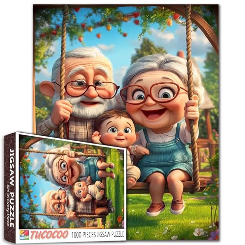 Puzzle "Happy Grandparents with Baby On Swing", 1000-teiliges Puzzle für Erwachsene, Studenten, Garten mit Holzhaus, helle bunte Kunst, 50,8 x 68,9 cm, entspannend, lustige Puzzles für Gehirnübungen Puzzle "Happy Grandparents with Baby On Swing", 1000-teiliges Puzzle für Erwachsene, Studenten, Garten mit Holzhaus, helle bunte Kunst, 50,8 x 68,9 cm, entspannend, lustige Puzzles für Gehirnübungen von Tucocoo