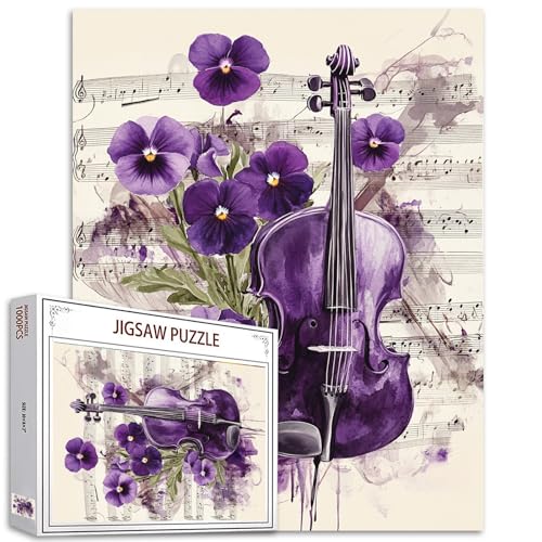 Puzzle Violine mit Blumen, Violett, 1000 Teile für Erwachsene, Vintage-Musikinstrument, Aquarell-Stil, 50,8 x 68,9 cm, Vintage-Eleganz, Puzzlekunst für Retro-Musik-Themen-Puzzle-Liebhaber von Tucocoo
