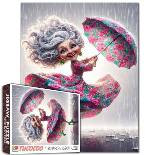 Puzzle für Erwachsene, Motiv: tanzende Oma im Regen, 1000 Teile, Frauenkleid, Regenschirm, skurrile Cartoon-Kunst, lebendige Farben, Puzzle, lustiges Geschenk für Frauen, Senioren, entspannendes Puzzle für Erwachsene, Motiv: tanzende Oma im Regen, 1000 Teile, Frauenkleid, Regenschirm, skurrile Cartoon-Kunst, lebendige Farben, Puzzle, lustiges Geschenk für Frauen, Senioren, entspannendes von Tucocoo