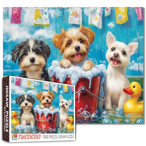 Puzzle mit 3 niedlichen Welpen, die Wäsche machen, Tierwäscheszene, 1000 Teile, Puzzle für Erwachsene, 68,6 x 50,8 cm, HD-Qualität, lustiges Hunde-Puzzle, Geschenk, Familienaktivität, perfekt für Puzzle mit 3 niedlichen Welpen, die Wäsche machen, Tierwäscheszene, 1000 Teile, Puzzle für Erwachsene, 68,6 x 50,8 cm, HD-Qualität, lustiges Hunde-Puzzle, Geschenk, Familienaktivität, perfekt für von Tucocoo