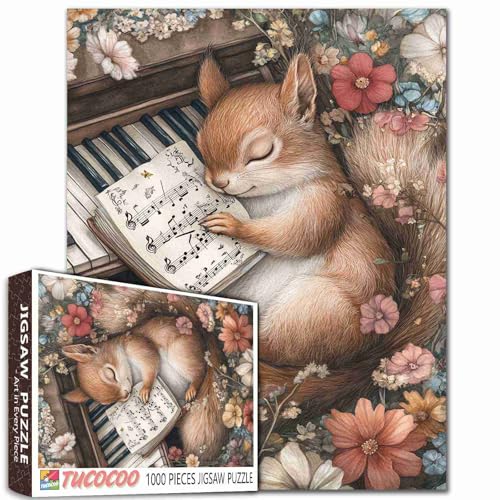Puzzle mit Tier-Eichhörnchen, schlafend in Blumen, für Erwachsene, 1000 Teile, Klaviernoten, Instrument, Kunstpuzzle, buntes DIY-Handwerk für Heimdekoration, Geschenke, Familie herausforderndes Puzzle von Tucocoo