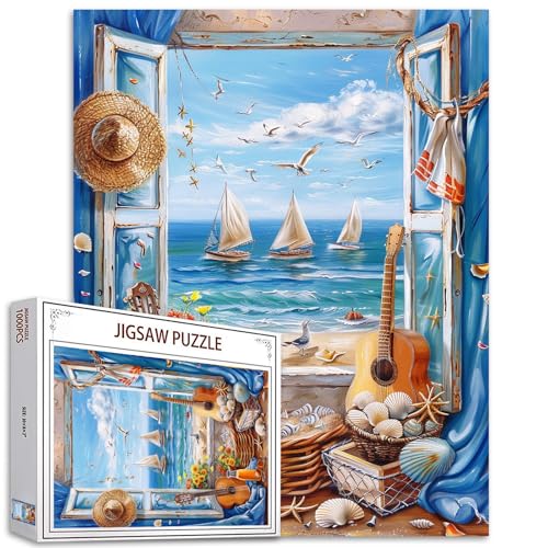 Puzzle mit blauem Meeresfenster, Strand-Sommerlandschaft, 1000 Teile, Puzzle für Erwachsene, 68,6 x 50,8 cm, Puzzles für Familien, HD-Qualität, Urlaub am Meer, Foto-Puzzle-Dekoration, Spielabende Puzzle mit blauem Meeresfenster, Strand-Sommerlandschaft, 1000 Teile, Puzzle für Erwachsene, 68,6 x 50,8 cm, Puzzles für Familien, HD-Qualität, Urlaub am Meer, Foto-Puzzle-Dekoration, Spielabende von Tucocoo