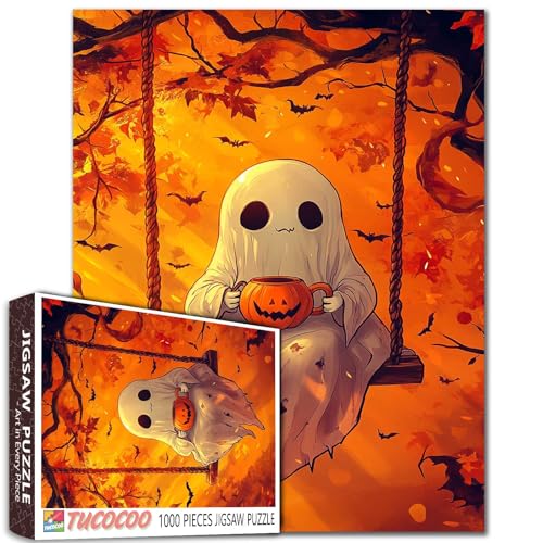 Puzzle mit süßem Geist auf Schaukel mit Kaffee, 1000-teiliges Puzzle für Erwachsene, Studenten, Kürbis, Herbstblätter, Vollmond, Halloween-Thema, Kunstpuzzle, 50,8 x 68,9 cm, Orange, Gothic Puzzle mit süßem Geist auf Schaukel mit Kaffee, 1000-teiliges Puzzle für Erwachsene, Studenten, Kürbis, Herbstblätter, Vollmond, Halloween-Thema, Kunstpuzzle, 50,8 x 68,9 cm, Orange, Gothic von Tucocoo