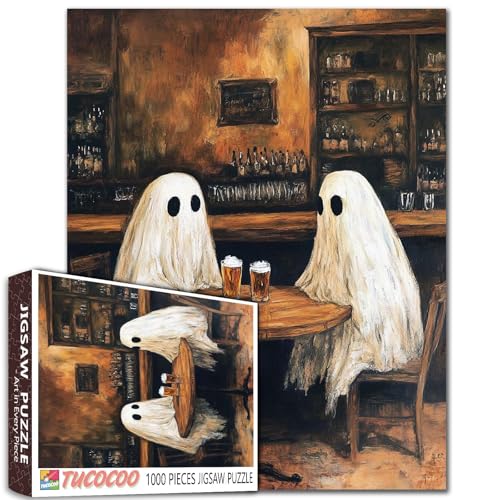 Puzzle mit zwei Geistern in der Bar, Halloween-Thema, 1000 Teile, Puzzle für Erwachsene, 68,6 x 50,8 cm, Puzzles für Familien, HD-Qualität, gebeiztes Puzzle, Geschenk, perfekt für Spieleabende von Tucocoo