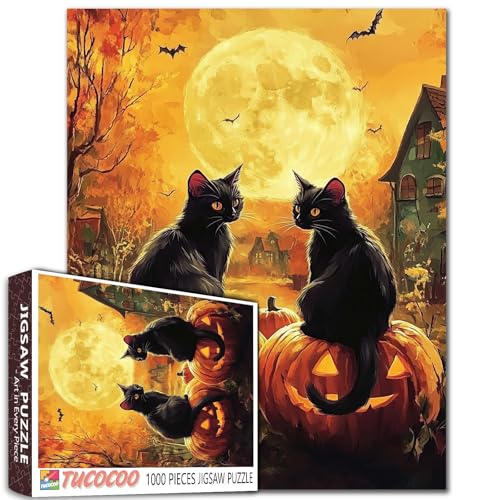 Puzzle mit zwei schwarzen Katzen, die auf Kürbissen sitzen, 1000-teiliges Puzzle für Erwachsene, Studenten, Halloween, Herbst, Landschaft, Mond, Fantasie, Kunst, 50,8 x 68,9 cm, gruselige Puzzle mit zwei schwarzen Katzen, die auf Kürbissen sitzen, 1000-teiliges Puzzle für Erwachsene, Studenten, Halloween, Herbst, Landschaft, Mond, Fantasie, Kunst, 50,8 x 68,9 cm, gruselige von Tucocoo