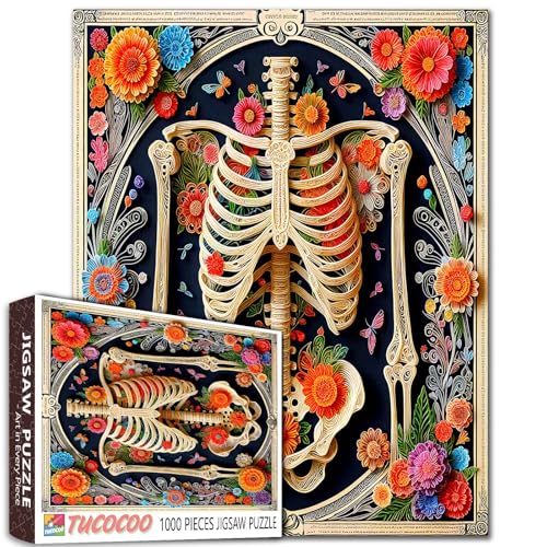 Ribcage Human Organs Puzzle für Erwachsene Bunte Blume Schmetterling Pflanze Tag der Toten Puzzle Reise Spielzeug Perfekt Familie Spaß Aktivität Entspannung Unterhaltung Aktivität von Tucocoo