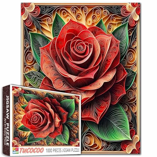 Rote Rose Jigsaw Puzzles für Erwachsene Romantische Blumen Pflanzen Blätter Puzzles Herausfordernd für Familie oder Freunde Spiel Entspannung Unterhaltung Aktivität Einzigartiges Geschenk von Tucocoo