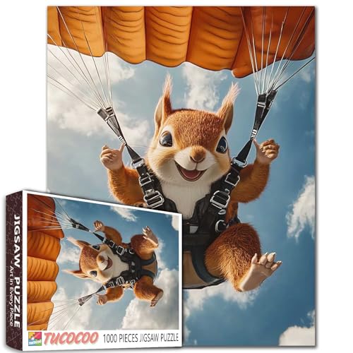 Rotes Eichhörnchen Fallschirmspringen-Puzzle für Erwachsene, 1000 Teile, Extremsport für Tiere, Puzzle, Kunst für anspruchsvolle Familienaktivitäten, buntes DIY-Puzzle, Wanddekoration, Geschenke von Tucocoo