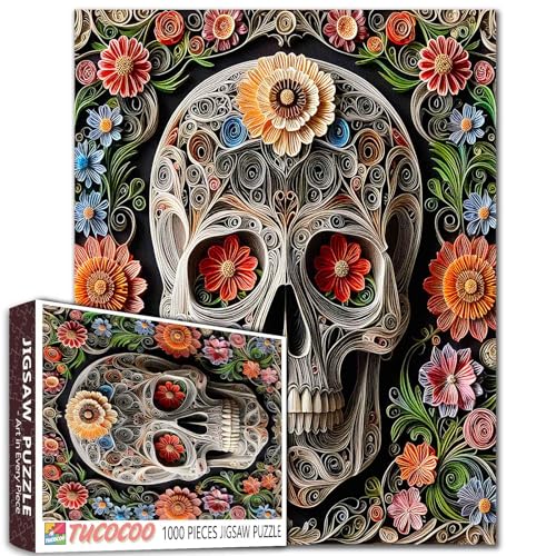 Schädel Jigsaw Puzzles für Erwachsene Skelett Pflanze Blume Bunter Tag der Toten Puzzles Herausfordernd für oder Freunde Spiel Entspannung Unterhaltung Aktivität Wandkunst Dekor von Tucocoo