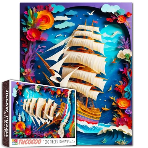 Schiff Jigsaw Puzzle 1000 Stück für Erwachsene Meer Welt Blumen Pflanzen Fisch Bunte Piratenboot Puzzle Entspannung Unterhaltung Aktivität Einzigartiges Geschenk Herausforderung Spielzeug für von Tucocoo