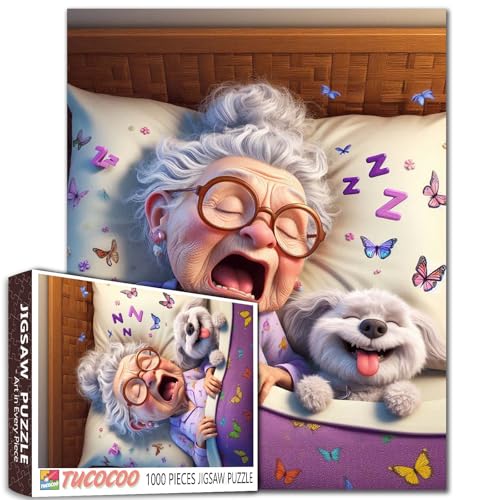 Schlafende alte Frau Jigsaw Puzzles 1000 Stücke für Erwachsene Bett Schmetterling niedliche Hunde Puzzles Unterhaltung Spielzeug Herausfordernde Familie Aktivität Spiele Einzigartige Heimdekor von Tucocoo