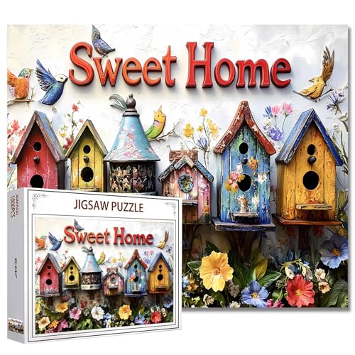 Schöne Vogelhäuser Display Jigsaw Puzzles 1000 Stück für Erwachsene, Bunte Verschiedene Vogelhäuser 20''x27''Inch Garten Vogel Sweet Home Zeichen Puzzle Kunst für Vogelhaus Thema Puzzle Liebhaber von Tucocoo