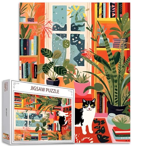 Schwarz-weißes Katzen-Puzzle, 1000 Teile, Puzzles für Erwachsene, Bücherregal-Puzzles für anspruchsvolle Familienaktivitäten, Grünpflanzenpuzzle für Heimdekoration, Geschenke, 68 x 50 cm Schwarz-weißes Katzen-Puzzle, 1000 Teile, Puzzles für Erwachsene, Bücherregal-Puzzles für anspruchsvolle Familienaktivitäten, Grünpflanzenpuzzle für Heimdekoration, Geschenke, 68 x 50 cm von Tucocoo