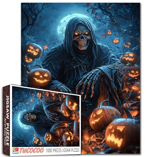 Sensenmann Halloween-Puzzle, 1000 Teile für Erwachsene, dunkle Fantasie-Puzzle, gruselige Waldszene, Kürbisse, geheimnisvolles Skelett, 50,8 x 68,6 cm, Spuknacht-Puzzle für Zuhause, Wanddekoration von Tucocoo