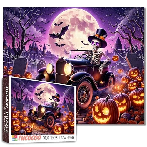 Skelett Fahren Vintage Auto Puzzle Leuchtende Kürbisse Halloween Nacht Vollmond 1000 Teile für Erwachsene Studenten 50,8 x 68,6 cm lustige Herbstpuzzles Einzigartiges Geschenk zum Entspannen von Tucocoo