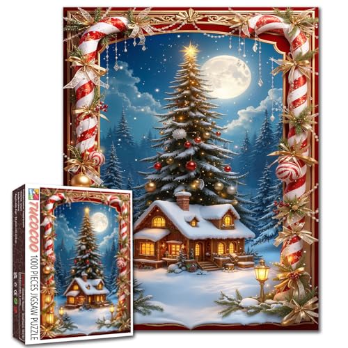 Snowy Cabin Christmas Tree Full Moon Winter Scene 1000 Piece Jigsaw Puzzle for Adults Students Holiday Lantern Candy Night Sky Forest Snow House Puzzle Game 20×27 Inches Home Relaxation Fun Gift Idea von Tucocoo