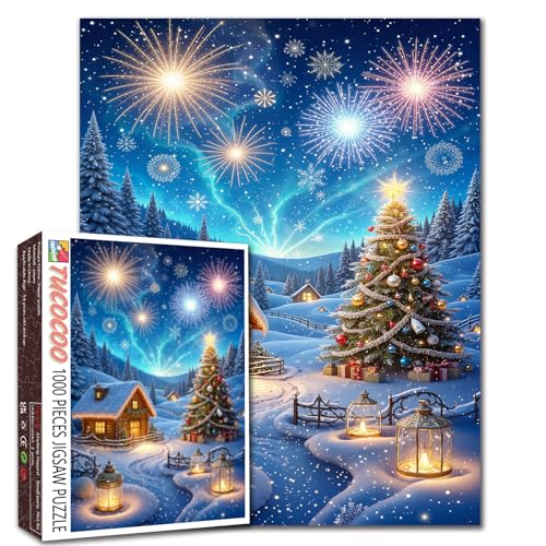 Snowy Christmas Village Fireworks 1000-teiliges Puzzle für Erwachsene und Studenten, gemütliches Winter-Szenen-Puzzle mit Hütte, friedliches Indoor-Spiel, Geschenkidee, 50,8 x 68,6 cm, festliche von Tucocoo