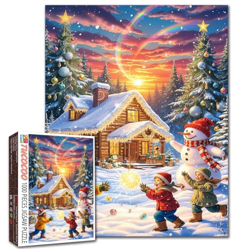 Spielen im Schnee, 1000 Teile, Puzzle, 50,8 x 68,6 cm, Holzhaus, Winterlandschaft, Schneemann, Weihnachtsbäume, bunter Sonnenuntergang, Ferienhütte, Spaß, Indoor-Spiel, entspannende Aktivität von Tucocoo