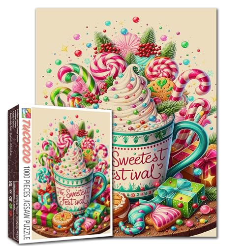 Süßigkeiten-Becher mit Marshmallow-Creme, 1000-teiliges Puzzle für Erwachsene, Studenten, buntes Dessert-Puzzle, Weihnachten, gemütliches Indoor-Spiel, Winteraktivität, 50,8 x 68,9 cm, festliche von Tucocoo