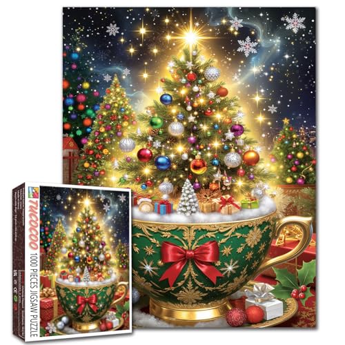 Teetassen-Weihnachtsbaum-Puzzle, 1000 Teile für Erwachsene, Studenten, 50,8 x 68,6 cm, funkelnde Dekoration, Geschenke, Engel, Stechpalme, Schneeflocken, gemütlich, festliche Szene, Spaß, Winter Teetassen-Weihnachtsbaum-Puzzle, 1000 Teile für Erwachsene, Studenten, 50,8 x 68,6 cm, funkelnde Dekoration, Geschenke, Engel, Stechpalme, Schneeflocken, gemütlich, festliche Szene, Spaß, Winter von Tucocoo