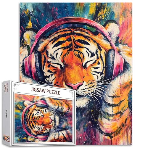 Tiger Hören Sie Musik Puzzle für Erwachsene, 1000 Teile, Kunstpuzzle, Heimdekoration, Geburtstagsparty, Geschenk, Spielzeug für Männer und Frauen, bunte Graffiti-Puzzle-Kunst für Familie, lustige Tiger Hören Sie Musik Puzzle für Erwachsene, 1000 Teile, Kunstpuzzle, Heimdekoration, Geburtstagsparty, Geschenk, Spielzeug für Männer und Frauen, bunte Graffiti-Puzzle-Kunst für Familie, lustige von Tucocoo