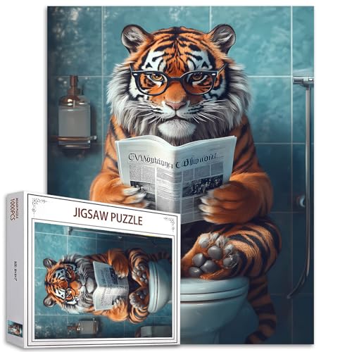 Tiger lesen Zeitung 1000 Stück Jigsaw Puzzles Erwachsene 27×20 Zoll Tier gehen Toilette Puzzles Wildlife WC Puzzle herausfordernde Familie Aktivität Spiele DIY Craft Puzzle für Home Decor Geschenke von Tucocoo