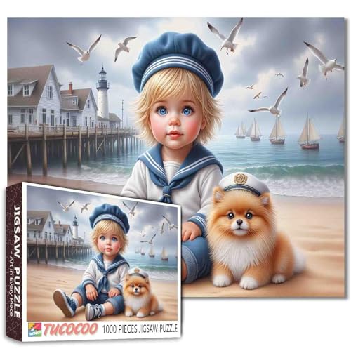 Tucocoo 1000 Teile Puzzle für Erwachsene, nautischer Junge mit Welpe am Strand - Matrosen-Outfit, Leuchtturm, Segelboote, skurriles Ozean-Puzzle, Küstenszenen-Puzzle, Kunst-Puzzle, Geschenk Tucocoo 1000 Teile Puzzle für Erwachsene, nautischer Junge mit Welpe am Strand - Matrosen-Outfit, Leuchtturm, Segelboote, skurriles Ozean-Puzzle, Küstenszenen-Puzzle, Kunst-Puzzle, Geschenk von Tucocoo