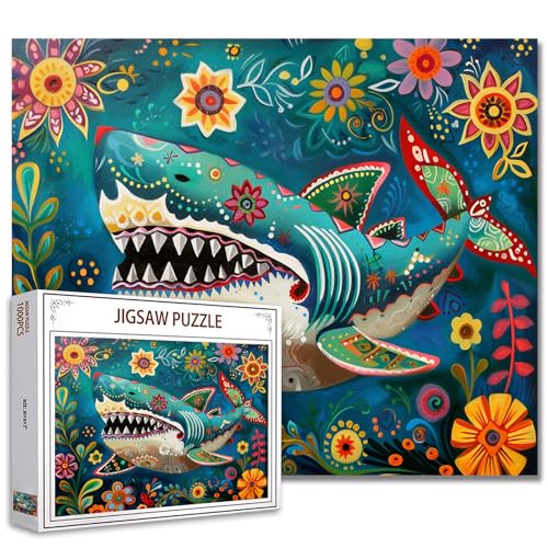 Tucocoo 1000 Teile Puzzle für Erwachsene Fierce Shark Painting Jigsaw Puzzle Marine Tiere 1000 Teile Puzzles für anspruchsvolle Familienaktivität Spiel Mexikanische Volkskunst Stil DIY Puzzle von Tucocoo