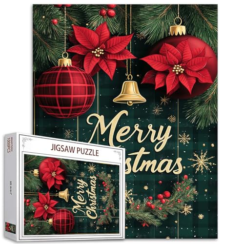 Tucocoo 1000 Teile Puzzle für Erwachsene Frohe Weihnachten Grün Plaid Puzzle Weihnachtsstern Blumen Glocke Festliche Puzzles für anspruchsvolle Familienaktivität Spiel DIY Puzzle Wanddekoration von Tucocoo