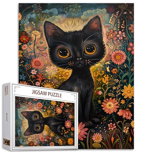 Tucocoo 1000 Teile Puzzle für Erwachsene: Schwarz Kätzchen - Verzauberte Gartenkatze - 1000 Teile Puzzles für anspruchsvolle Familienaktivität - Abstrakte Blumenkunst - DIY Puzzle Wanddekoration von Tucocoo