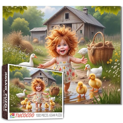 Tucocoo 1000 Teile Puzzle für Erwachsene - Skurrile Cottagecore Bauernhof-Szene mit kleinen Mädchen, Entchen Rustikale Scheune - Vintage Bauernhaus Puzzle für Entspannung, DIY Handwerk Puzzles Home von Tucocoo