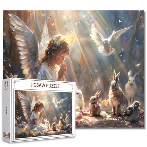 Tucocoo 1000 Teile Puzzles für Erwachsene Gebetliches kleines Mädchen Malerei Puzzle Engel Kaninchen Vögel 1000 Teile Puzzles für herausfordernde Familienaktivität Spiel Glaube Kunst DIY Puzzle von Tucocoo