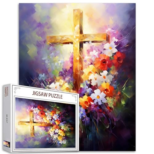 Tucocoo 1000 Teile Puzzles für Erwachsene Kreuz Blumen Malerei Puzzle Holzkreuz 1000 Teile Puzzles für anspruchsvolle Familienaktivität Spiel Jesus Glaube Kunst DIY Puzzle Wanddekoration Geschenke von Tucocoo