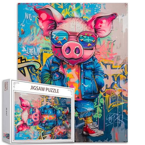 Tucocoo 1000-teiliges Puzzle für Erwachsene, Cooles Schweine-Gemälde, Puzzle, lustiges Tier, 1000 Teile, Puzzles für anspruchsvolle Familienaktivitäten, Bunte Graffiti-Kunst, DIY-Puzzle von Tucocoo
